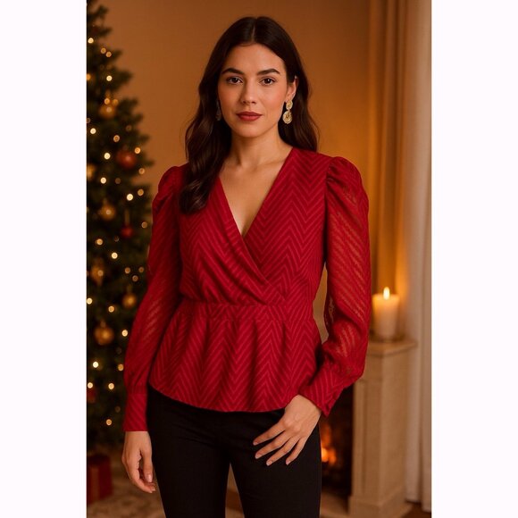 Walter Baker Belinda Sheer Chevron Wrap Top Sz XL Red Romantic Evening Holiday - Picture 1 of 11